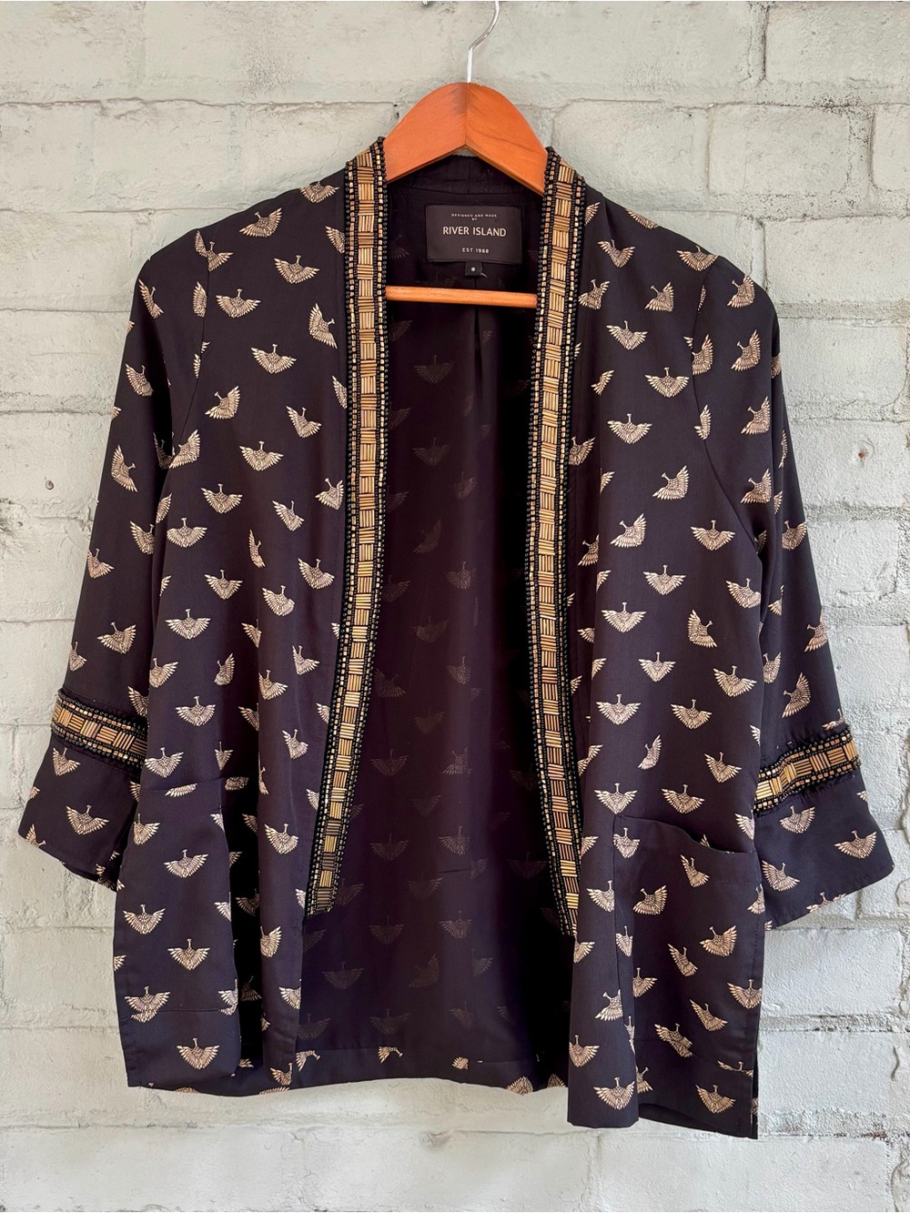 River Island Black Kimono Sleeve Jacket with Bird Print and Gold Beaded Trim